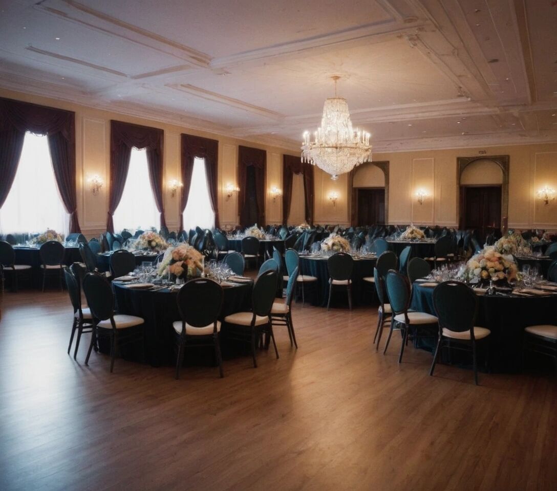 Elegant ballroom set up for a special event with luxurious décor