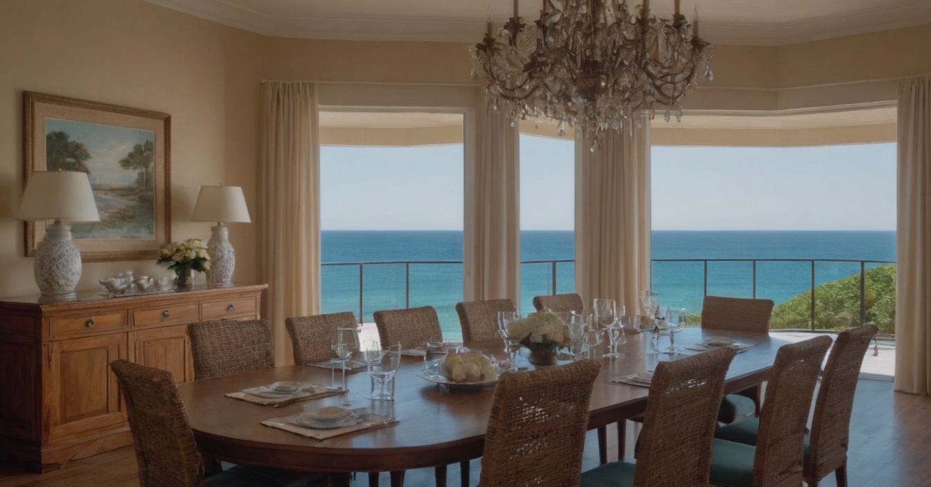 An elegant dining room with a view of the ocean and sophisticated décor