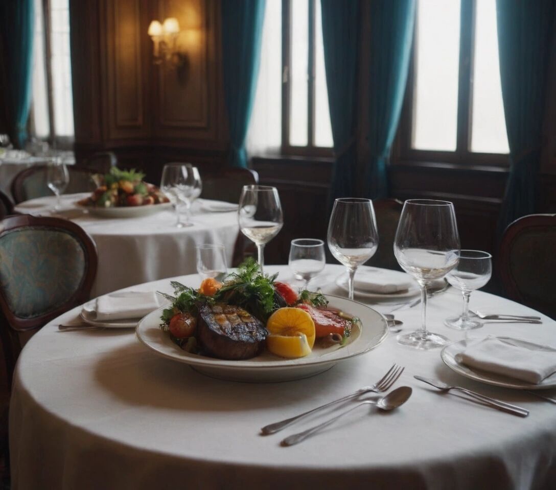 An elegant dining area with gourmet dishes beautifully presented on tables.