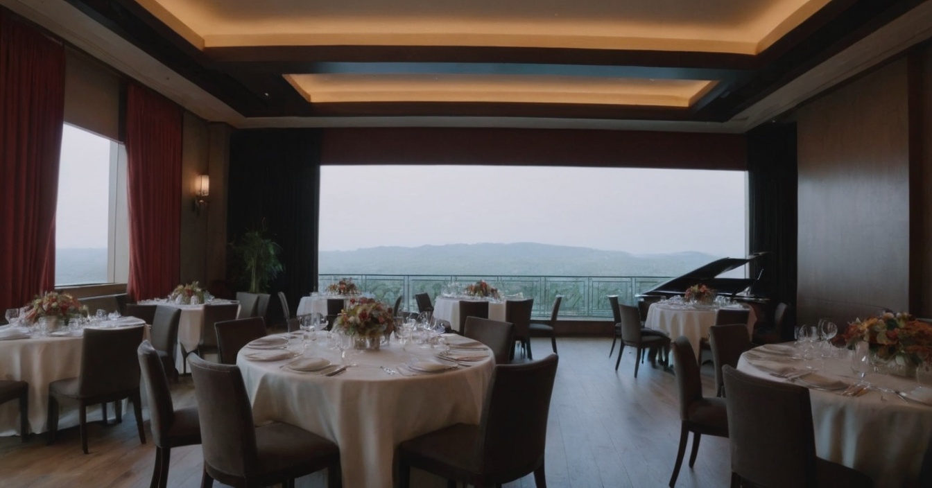 High-end restaurant with elegant table settings and a view of a live band on stage